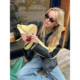 LIZAKOSHT - Vintage Patchwork Women's Leather Jacket Loose O-neck Long Sleeve Zipper Moto Biker Coats Autumn Lady Contrast Outwear Y2K