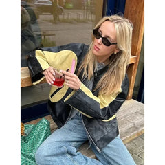 LIZAKOSHT - Vintage Patchwork Women's Leather Jacket Loose O-neck Long Sleeve Zipper Moto Biker Coats Autumn Lady Contrast Outwear Y2K