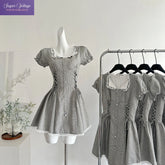 LIZAKOSHT - French Retro Plaid Shirt Dress Women Summer Waist Slim Fit Dress with Lace Doll Collar Puff Sleeves Ruffle Hem Vintage Sweet New
