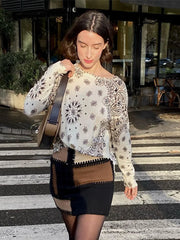 LIZAKOSHT - Fashion Paisley Print Knit Sweater For Women Elegant O-neck Long Sleeve Cropped Pullover Lady Spring Chic Street Outerwear