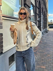 LIZAKOSHT - Elegant Turtleneck Women's Sweater Contrast Twist Knitted Pullovers Crocheted Knitwear Long Sleeved Top 2024 Autumn Loose Jumper