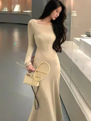 LIZAKOSHT - Elegant Solid Embroidery Long Dress Women Spring Autumn Package Hip Mermaid Knitted Vestidos Ladies Evening Party Robe New