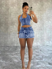 LIZAKOSHT - Summer Sexy Blue Denim 2 Two Piece Skirt Sets Club Party For Women 2024 Sleeveless Bodycon Crop Top Fashion Skirts Sets