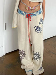 LIZAKOSHT - Y2k Aesthetic Streetwear Print Straight Pant Women Casual Patchwork Pantalon Personality Drawstring Grunge Wide Leg Trousers