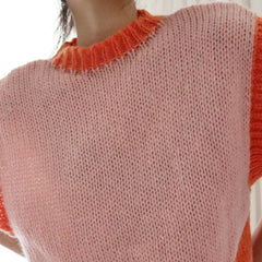 LIZAKOSHT - Fall Hand-knitted Stitching Color Loose Matching Sweater Vest Pink Orange Ladies New Round Neck Versatile Sleeveless Vest