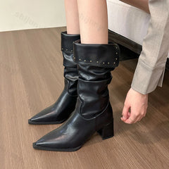 LIZAKOSHT - Square Heel Women Western Cowgirl Boots Fashion Rivet Pointed Toe Mid-calf Boots Autumn Winter Ladies Elegant Short Booties