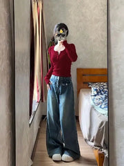 LIZAKOSHT  -  Autumn Sexy Versatile Red Long-sleeved T-shirt for Women Autumn and Winter Unique Hot Slim Fit Button Top for Small Women