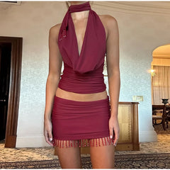 LIZAKOSHT - Sexy Halter Low Cut Top Tassel Skirt Set Lady Chic Street Solid Pleated Tops Slim Mini Skirts Sets Women Summer Retro Outfits