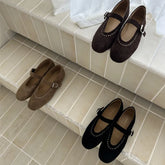 LIZAKOSHT - Round Toe Ladies Ballet Flats Back Strap Women Lolita Casual Outside Autumn Fashion Brand Rivet Shoes Suede Mary Jane Mujer