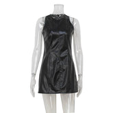 LIZAKOSHT - Vintage Faux Pu Leather Sleeveless O Neck Black Summer Party Mini Dress Slim Fit Zip Up Bodycon Sexy Trendy Vestidos
