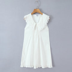 LIZAKOSHT - Sweet White Spliced Lace open Buttons Peter Pan Collar Mini Sleeveless Dress Women Wood ears Hem Loose Straight Short Vestidos