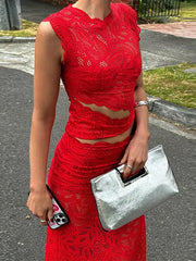 LIZAKOSHT - Sexy Hallow Out Vest Skirt Set Women Red Sleeveless O-neck Top Long Slim Hip Package Skirts 2025 Summer See Through Suit Lady