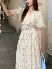 LIZAKOSHT - Office Wear Florals Slim Two Pieces Sets Women Sweet Early Autumn Chic Gentle Half Puff Sleeve Shirts New Long Skirt
