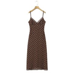 LIZAKOSHT - Sexy Coffee Polka Dot Print Spliced Lace V Collar Sling Dress Women Lacing up Strap Backless Long Dresses Femme Vestidos Robe