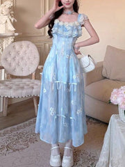 LIZAKOSHT - French Sweet Elegant Holiday Dress Women Chic Y2k Blue Casual Long Dress Japanese Fashion Vintage Kawaii Beach Style Outfits New