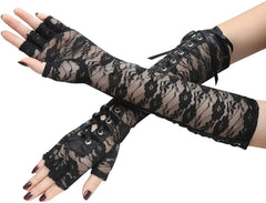LIZAKOSHT - Women Sexy Lace Fingerless Long Gloves Lolita Gothic Black Arm Warmers Mesh Lace Up Elbow Arm Sleeve Cosplay Mittens Accessories