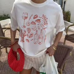 LIZAKOSHT  -  Italian Seafood Print T-Shirt Women Retro Style Vintage Aesthetic Oyster Lobster T Shirt Cute Foodie Shirt Loose Vacation Tops