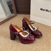 LIZAKOSHT - Street Style Thick Heel Women Mary Jane Shoes Concise Butterfly-knot Single Shoes Ladies Elegant Wedding Party Leather Pumps