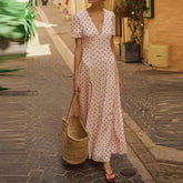 LIZAKOSHT  -  French Style Seaside Vacation Long Dress Elegant Polka Dot Print V-neck Evening Dress Casual Short Sleeve High Waist Swing Dress