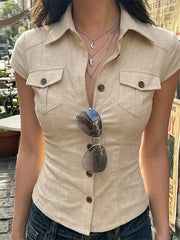 LIZAKOSHT - Women's Shirt Orange Slim Fit Shirts Turn-Down Collar Top Cap Sleeve Button-Down Casual Blouse Summer Wear Woman Clothes