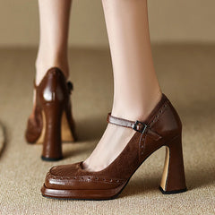 LIZAKOSHT - Elegant France High Heels Pumps Women Summer Square Toe Platform Mary Jeans Shoes Woman Thick Heeled Party Shoes Ladies