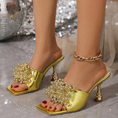 LIZAKOSHT  -  Summer Open Toe High Heels Slippers for Women String Beads Fashion Golden Slides Party Shoes Fashion Slingback Sandals Female