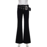 LIZAKOSHT - Y2k Heavy Duty Eyelet Belt Flared Jeans Punk Grunge Low-Waist Slim Skinny Denim Trousers Aesthetic 2000s Pants Fashion