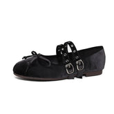 LIZAKOSHT - round toe pink velvet flats shoes for woman double band bowtie ballerina shoes rivets button mocasines lolita big shoes size 43
