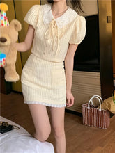 LIZAKOSHT - Summer Yellow Fashion 2 Piece Sets Cute Girl Short Puff Sleeve Lace Doll Collar Shirt Top&Mini Skirt 2pc Dress Suits