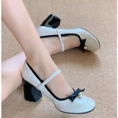 LIZAKOSHT - New Thick Heel Mary Jane Shoes Women's Spring Light Mouth High Heels Bow Single Shoes Elegant Pearl Embellished Heels Pumps