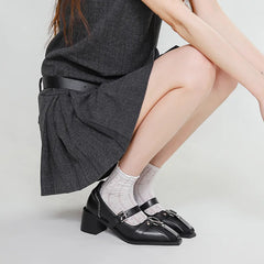 LIZAKOSHT - Retro Square Head Thick Heel Single Shoes Punk Style Metal Buckle Light Mouth Leather Shoes Thick Heel Mary Jane Women's Shoes