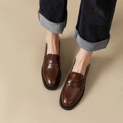 LIZAKOSHT - Retro Spring Autumn Women's round Toe Thick Heel Slip-On Loafers British Style Fashion Single Shoes Comfortable Leather