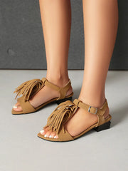 LIZAKOSHT - Low Heels Suede Tassels Women Sandals Comfortable Women's Shoes