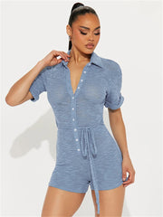 LIZAKOSHT - Summer Fashion Blue Polo Collar Short Sleeve Rompers Club Outfit For Women Single-Breasted Bandage Casual Romper