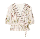 LIZAKOSHT - BOHO Light Pink Floral Print Tie Bow Sashes Wrap Shirt Short Women V neck Puff Sleeve Wood ears Waist Kimono Blouse Holiday Cape