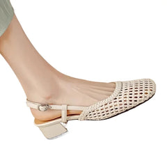 LIZAKOSHT - Hot Selling Weaved Slingback Sandals Woman Straw Plaited Low Heel Sandalias Ladies Brand Design Summer Square Toe Hollow Out