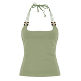 LIZAKOSHT  -  Halter Beads Vacation Camisoles Designed Lace-up Casual Vest Spring Summer Beach Party Sexy Backless Slim Fit Tank Tops