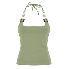 LIZAKOSHT  -  Halter Beads Vacation Camisoles Designed Lace-up Casual Vest Spring Summer Beach Party Sexy Backless Slim Fit Tank Tops