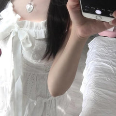 LIZAKOSHT - Ruched Lace Patchwork Sleeveless A-line Dress Lolita Style Holiday Party Bow Decorate Princess Mini Robe Sweet Outfit