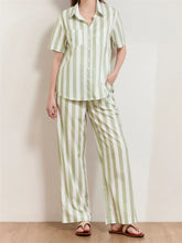 LIZAKOSHT - Women Striped Print 2 Pieces Pajama Set Short Sleeve Buttons Up Shirts with Elastic Waist Wide Leg Pants Outfits