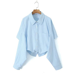 LIZAKOSHT - Spring 2024 Women Blue Striped Short Shirt Blouse Sexy Backless Lapel Streetwear Ladies Shirts Batwing Sleeve Blusas Mujer