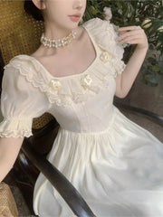 LIZAKOSHT  -  Summer Women Elegant Flower Wedding Party Dress Vintage Female France Ruffles Prom Dress Birthday Lady Princess Beach Dress