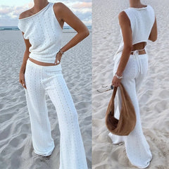 LIZAKOSHT - Summer Knitted Beach Sexy Two Piece Sets White Casual Lace Up Backless Outfit Sexy Slant Neck Sleeveless Top with Long Pants Set