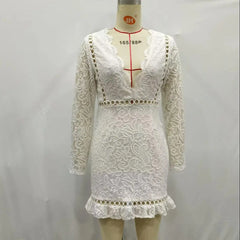 LIZAKOSHT - Sexy V neck Long Sleeve Short Robe Women Hollow Out Hole Spliced White Flower Lace Mini Dress