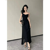 LIZAKOSHT - Elegant Sexy Casim Dress Women V Neck Skinny Backless Black Dress Mesh Sheer Summer Party Night Vestidos Classic Simple Dress