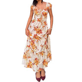 LIZAKOSHT - Floral Print Long Dress Women Y2K Square Neck Waist Cinching Spring European American Gentle Pastoral Style Maxi Dress