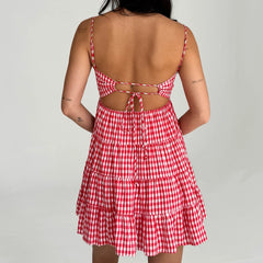 LIZAKOSHT - Red Women Spaghetti Strap Cami Dress Y2K Cottage Plaid Sweetheart Neck Tiered Hem Back Lacing Short Dresses Summer Holiday