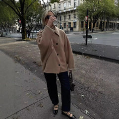 LIZAKOSHT - Elegant Single Breasted Wool Jacket Women Burgundy Loose Lapel Long Sleeve Pocket Female Coat 2025 Autumn Solid Commute Outwear