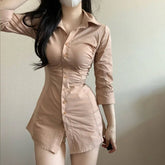 LIZAKOSHT  -  Casual Sexy Solid Color Slimming Smoothing Sexy Shirt Dress for Women Niche Design Sensibility Waist-fitted Mini-length Dress