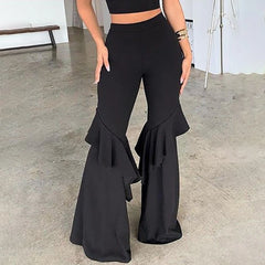 LIZAKOSHT - Summer Women Long Pants Fashion Solid Color Ruffle Flared Pants Streetwear Causal Daily Female Trousers Large Size S-3XL